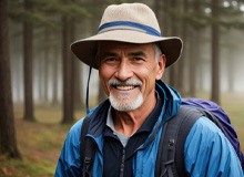 Senior man hiking in the woods and smiling 